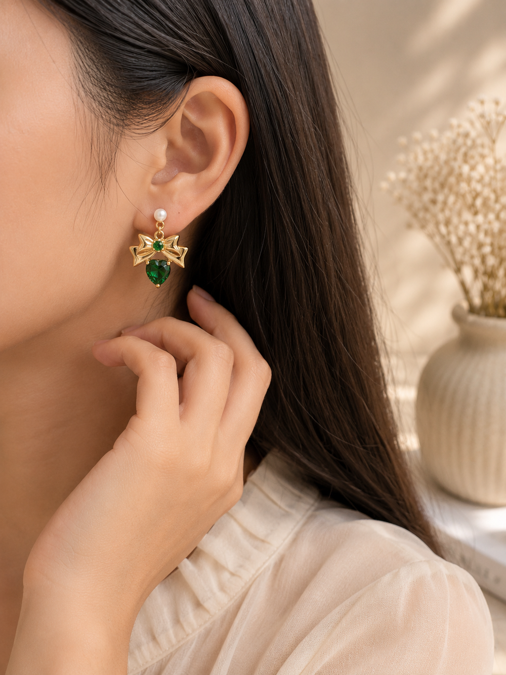 Emerald Bow Drop Earrings