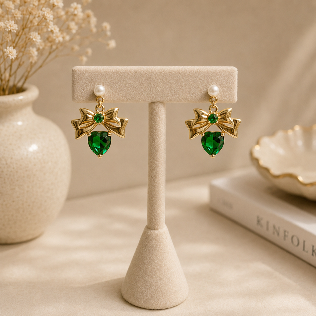 Emerald Bow Drop Earrings