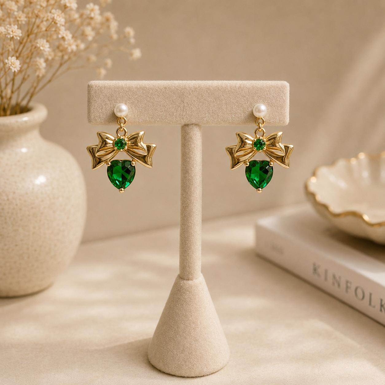 Emerald Bow Drop Earrings