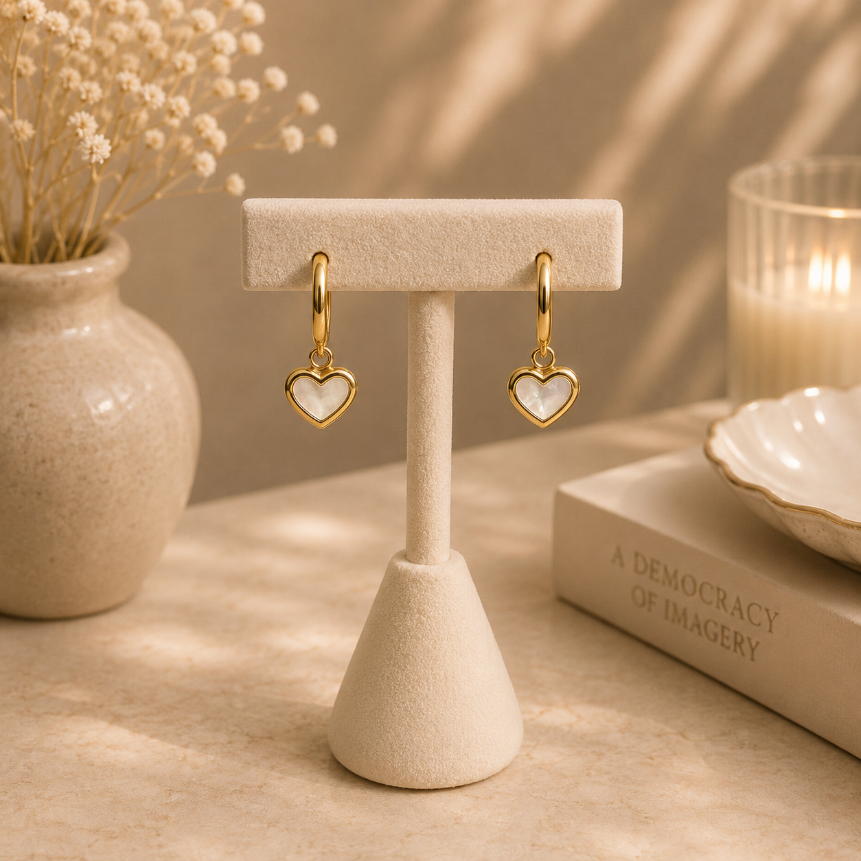 Golden Heart Pearl Drop Hoops